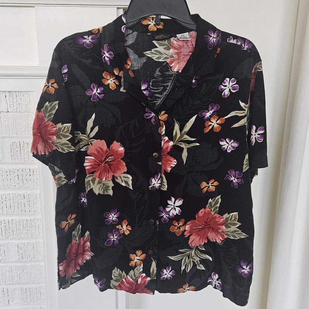 Vintage 90s Shaver Lake Floral Hawaiian Blouse W Wooden Buttons Womens Size 18W